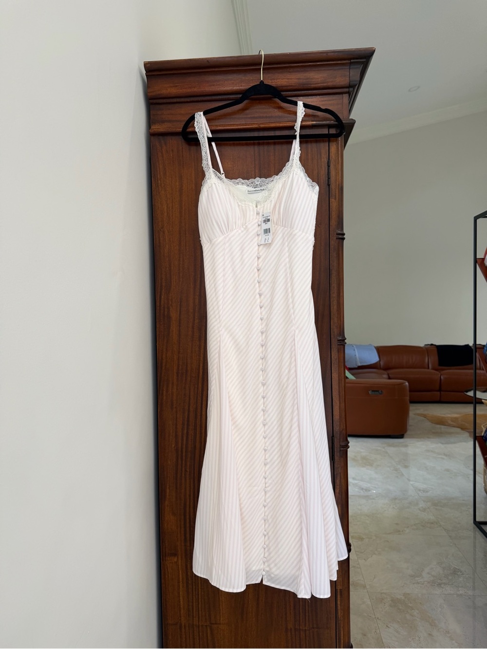 Abercrombie Bra-Free Lace Trim Midi Dress Pink Stripe Small Tall NEW WITH TAGS